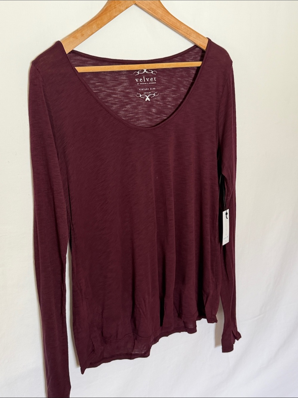 Velvet Long Sleeve Scoop Neck Top - Burgundy Plum